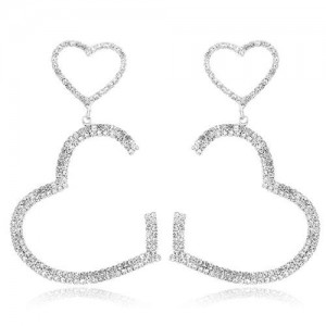 Twin Heart Gorgeous Design Shining Women Alloy Earrings - Silver