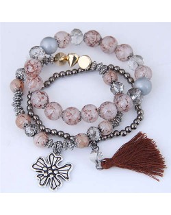 Triple Layers Flower and Tassel Pendant Design High Fashion Women Bracelets - Coffee