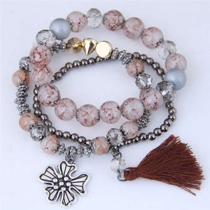 Triple Layers Flower and Tassel Pendant Design High Fashion Women Bracelets - Coffee
