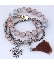 Triple Layers Flower and Tassel Pendant Design High Fashion Women Bracelets - Coffee