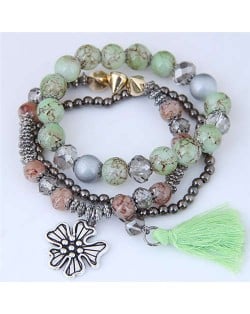 Triple Layers Flower and Tassel Pendant Design High Fashion Women Bracelets - Green
