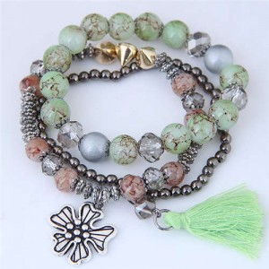 Triple Layers Flower and Tassel Pendant Design High Fashion Women Bracelets - Green