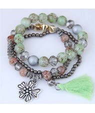 Triple Layers Flower and Tassel Pendant Design High Fashion Women Bracelets - Green