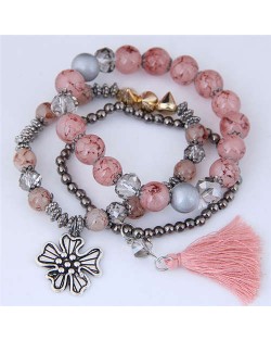Triple Layers Flower and Tassel Pendant Design High Fashion Women Bracelets - Pink