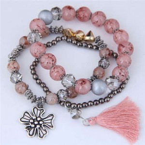 Triple Layers Flower and Tassel Pendant Design High Fashion Women Bracelets - Pink