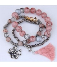 Triple Layers Flower and Tassel Pendant Design High Fashion Women Bracelets - Pink