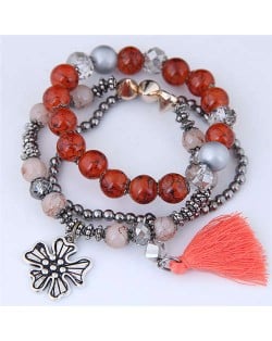 Triple Layers Flower and Tassel Pendant Design High Fashion Women Bracelets - Red