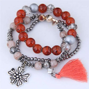 Triple Layers Flower and Tassel Pendant Design High Fashion Women Bracelets - Red