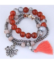 Triple Layers Flower and Tassel Pendant Design High Fashion Women Bracelets - Red