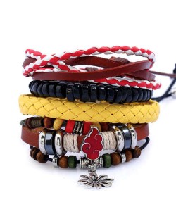 Cloud and Flower Pendant Vintage Fashion Multi-layer Design Rope and PU Weaving Bracelet
