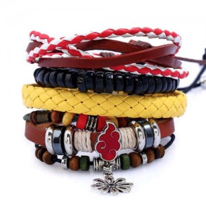 Cloud and Flower Pendant Vintage Fashion Multi-layer Design Rope and PU Weaving Bracelet