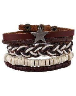 Star Pendant Decorated Vintage Style Multi-layer Rope and Leather Fashion Bracelet