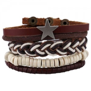Star Pendant Decorated Vintage Style Multi-layer Rope and Leather Fashion Bracelet