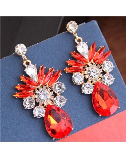 Rhinestone and Crystal Shining Combo Design Flower Waterdrop Dangling Women Earrings - Red