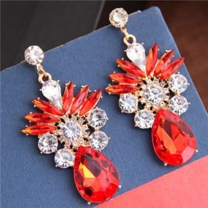 Rhinestone and Crystal Shining Combo Design Flower Waterdrop Dangling Women Earrings - Red