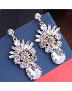 Rhinestone and Crystal Shining Combo Design Flower Waterdrop Dangling Women Earrings - Transparent
