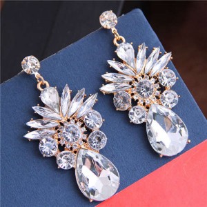Rhinestone and Crystal Shining Combo Design Flower Waterdrop Dangling Women Earrings - Transparent