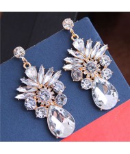 Rhinestone and Crystal Shining Combo Design Flower Waterdrop Dangling Women Earrings - Transparent