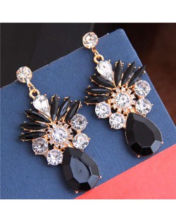 Rhinestone and Crystal Shining Combo Design Flower Waterdrop Dangling Women Earrings - Black