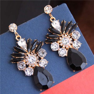 Rhinestone and Crystal Shining Combo Design Flower Waterdrop Dangling Women Earrings - Black