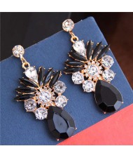 Rhinestone and Crystal Shining Combo Design Flower Waterdrop Dangling Women Earrings - Black