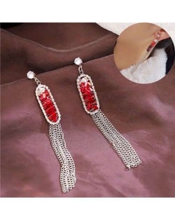Crystal Inlaid Chains Tassel Design Korean Fashion Women Costume Earrings