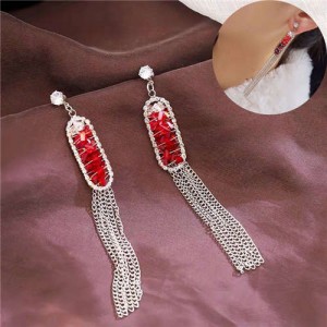 Crystal Inlaid Chains Tassel Design Korean Fashion Women Costume Earrings