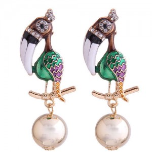 Enamel Big Beak Bird High Fashion Women Costume Earrings - Green
