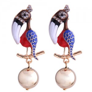 Enamel Big Beak Bird High Fashion Women Costume Earrings - Blue