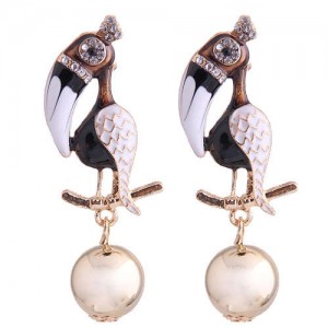 Enamel Big Beak Bird High Fashion Women Costume Earrings - White