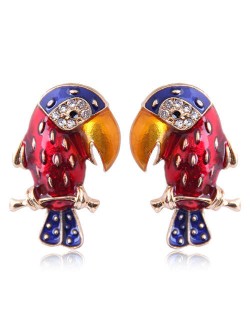 Enamel Tropical Bird Design High Fashion Women Costume Alloy Earrings - Red