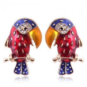 Enamel Tropical Bird Design High Fashion Women Costume Alloy Earrings - Red