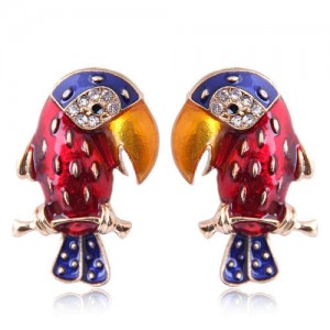 Enamel Tropical Bird Design High Fashion Women Costume Alloy Earrings - Red