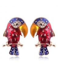 Enamel Tropical Bird Design High Fashion Women Costume Alloy Earrings - Red