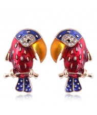 Enamel Tropical Bird Design High Fashion Women Costume Alloy Earrings - Red