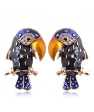 Enamel Tropical Bird Design High Fashion Women Costume Alloy Earrings - Black