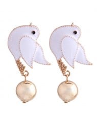 Peace Dove Design Enamel High Fashion Women Costume Earrings - White