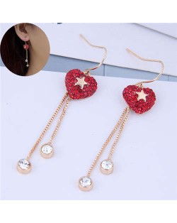 Rhinestone Inlaid Sweet Star Heart Tassel Fashion Women Alloy Earrings