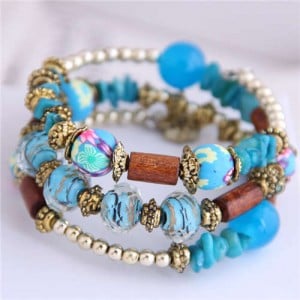 Floral Beads and Seashell Mixed Elements Bohemian Fashion Women Bracelet - Blue
