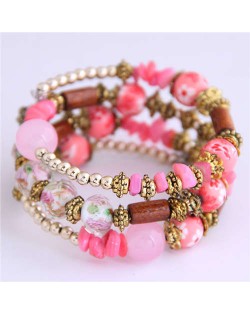 Floral Beads and Seashell Mixed Elements Bohemian Fashion Women Bracelet - Pink