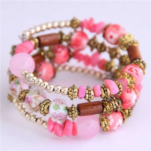Floral Beads and Seashell Mixed Elements Bohemian Fashion Women Bracelet - Pink
