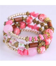 Floral Beads and Seashell Mixed Elements Bohemian Fashion Women Bracelet - Pink