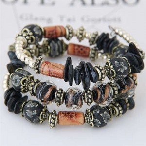 Floral Beads and Seashell Mixed Elements Bohemian Fashion Women Bracelet - Black