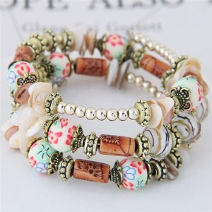 Floral Beads and Seashell Mixed Elements Bohemian Fashion Women Bracelet - White