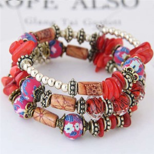 Floral Beads and Seashell Mixed Elements Bohemian Fashion Women Bracelet - Red