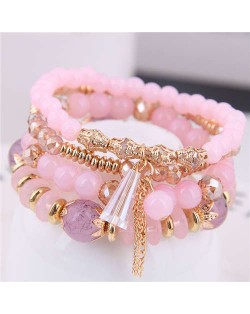 Tassel Decorated Crystal Beads Multi-layer High Fashion Women Bracelets - Pink