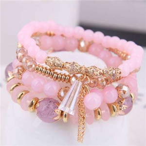 Tassel Decorated Crystal Beads Multi-layer High Fashion Women Bracelets - Pink