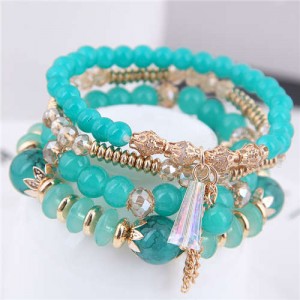 Tassel Decorated Crystal Beads Multi-layer High Fashion Women Bracelets - Green