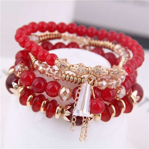 Tassel Decorated Crystal Beads Multi-layer High Fashion Women Bracelets - Red