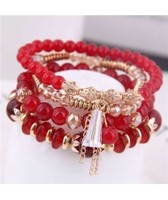 Tassel Decorated Crystal Beads Multi-layer High Fashion Women Bracelets - Red